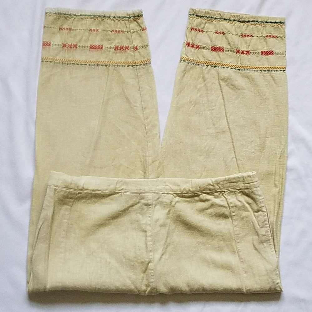 Beige Embroidered Linen Blend Drawstring Capris - Picture 4 of 8